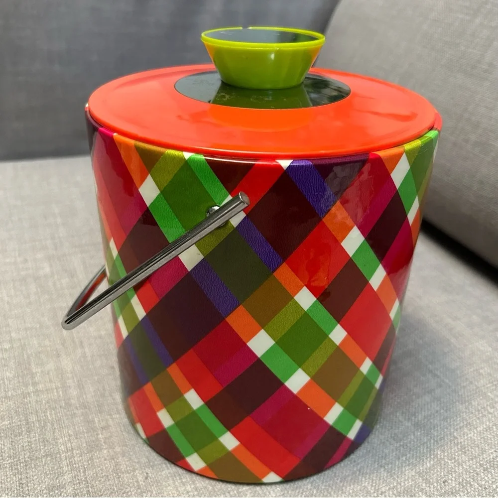 60-70’s Vintage Mod Retro Plaid Vinyl Ice Bucket MCM #10012510